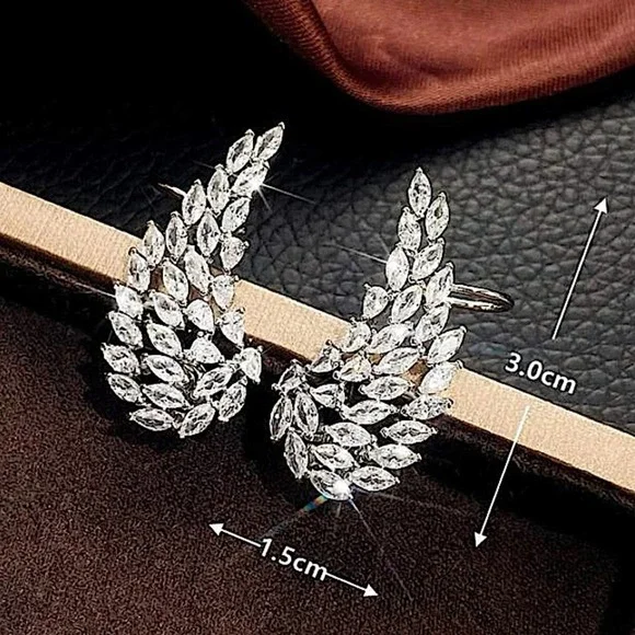 Silver Cubic Zircon Leaf Angel Wing Cuff Earrings - Picture 8 of 8